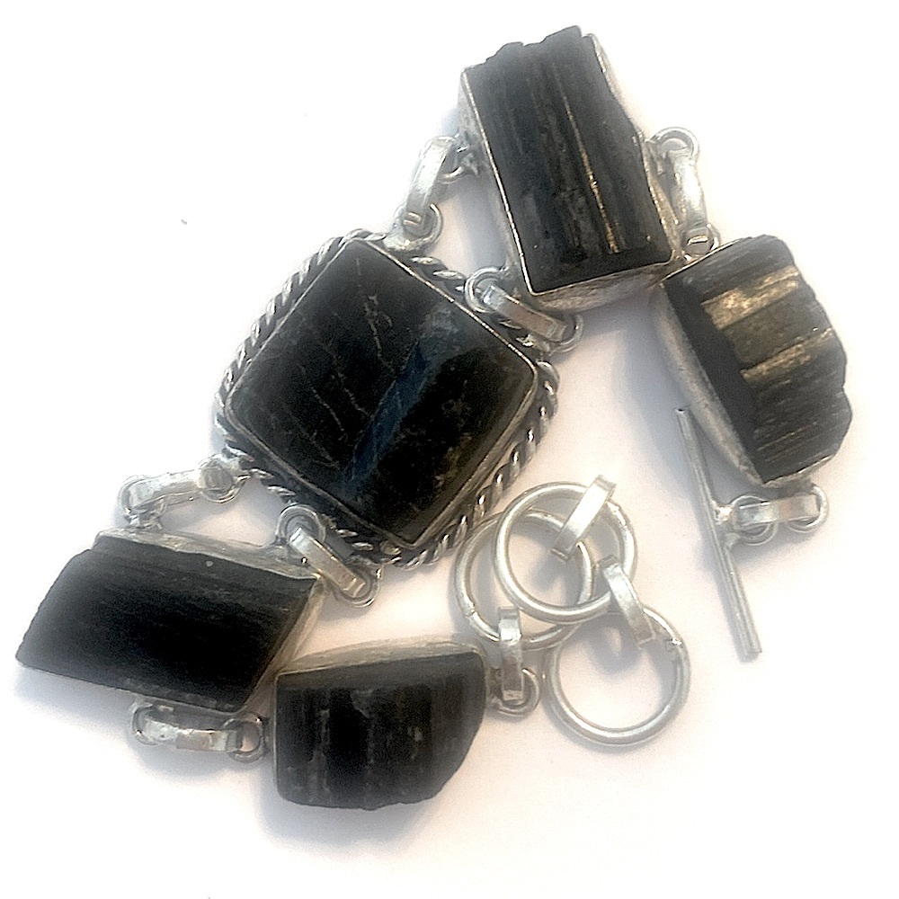 Natural, rough, 5 stone, Black Tourmaline, bracelet, size, 6 1/2, 7, 7 1/2 .